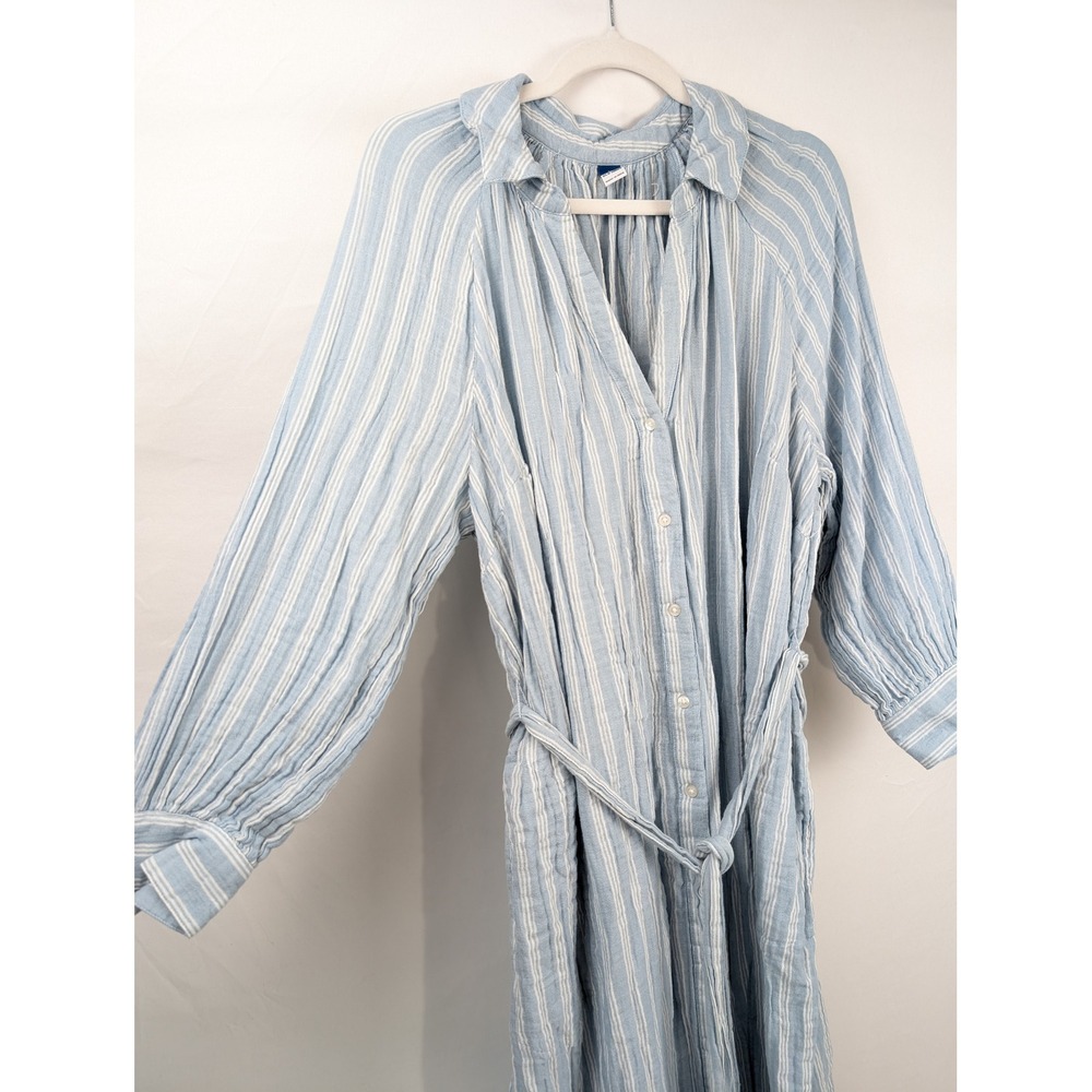 100% Cotton Gauze Striped Maxi Dress Size 2X Blue White Coastal Nautical Pockets - Picture 3 of 10